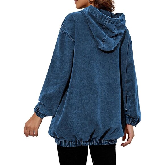 Women's Denim Hoodie Long Sleeve Pullover Sweatshirt with Pockets Casual - Picture 5 of 6